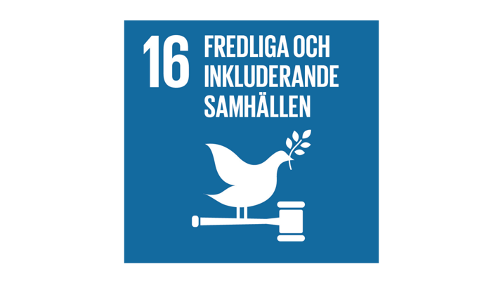 Symbol för FN:s hållbarhetsmål 16 – Fredliga och inkluderande samhällen.
